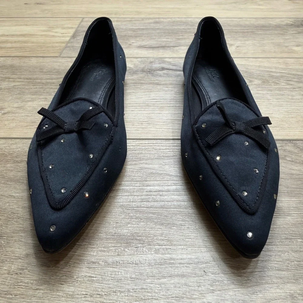 Polo Ralph Lauren‎ Black Satin Crystal Pointed Toe Bow Flats 6B Twee Luxury
